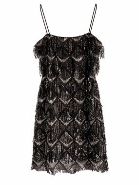 Black Sequin Fringe Slip Dress